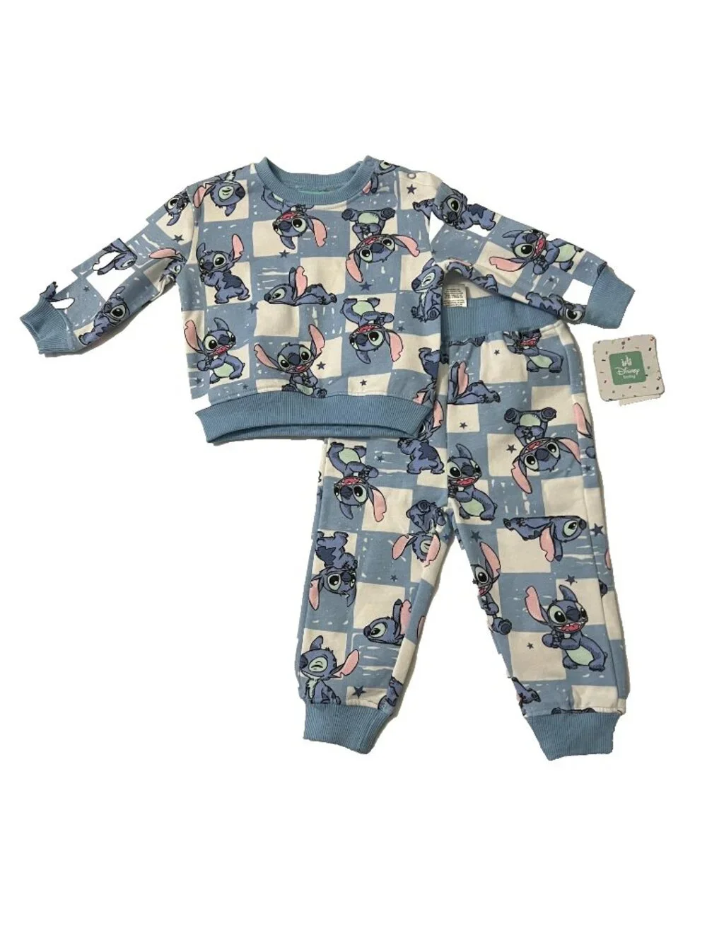 Disney Stitch Toddler Checkered Sweat Suit Blue White Unisez Sz 6/9M NWT